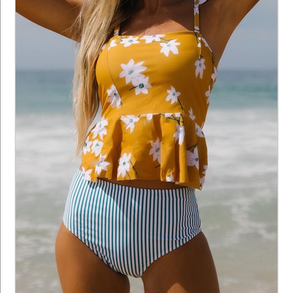 Cute Girl Ruffle Shoulder Flower Print Tankini Set